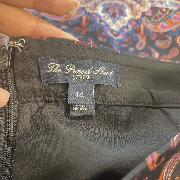 J Crew The Pencil Skirt Women Black Medallion Paisley Print SZ 14-Lined-Business - Picture 9 of 9